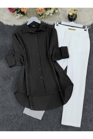 قميص منقوش بأزرار طويلة في الخلف -أسود