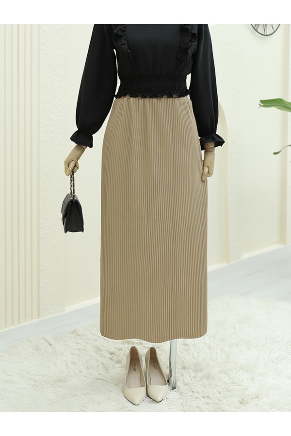 Pleated Pencil Skirt with Elastic Waist -Mink color