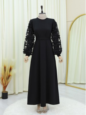 Kabartma Çiçekli Tül Kollu Kemerli Elbise -Siyah