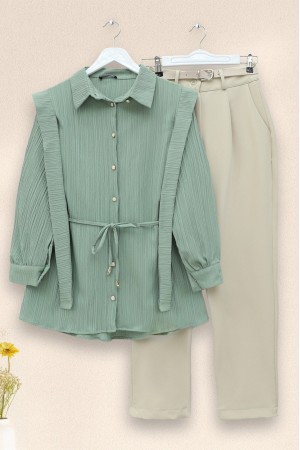 İnci Düğmeli Omuzu Ve Beli Bağlamalı Krinkıl Gömlek -Mint