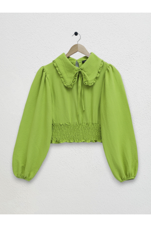 Baby Collar Long Sleeve Blouse with Elastic Waist -PISTACHIO GREEN
