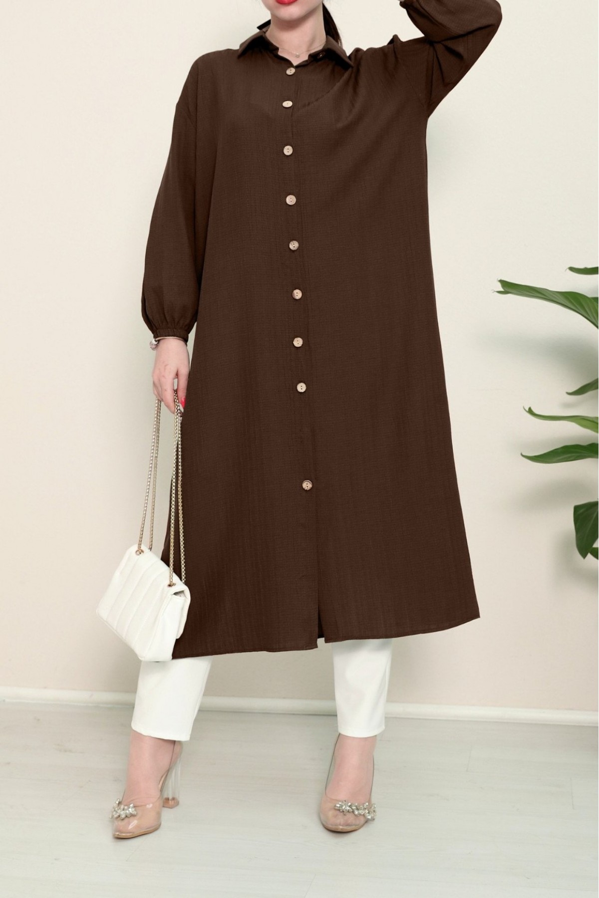 Long Crinkle Tunic with Elastic Sleeves and Buttons throughout -Dark Coffee
