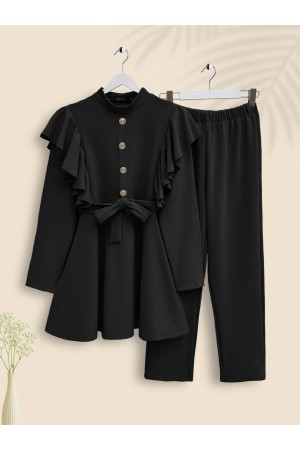 Düğme Detaylı Omuzu Fırfırlı Takım -Siyah