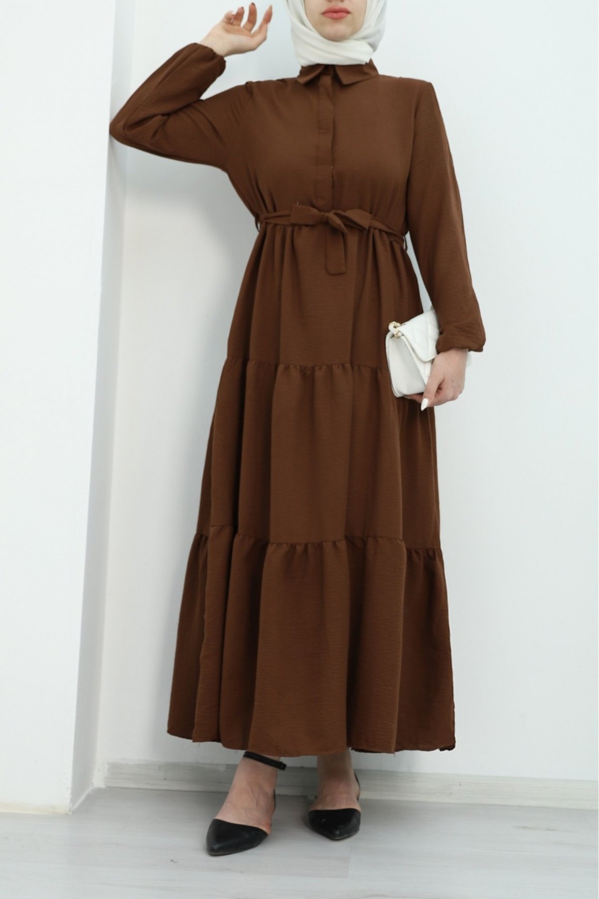 Half Buttoned Dress with Elastic Sleeves and Tie Waist  -Dark Coffee