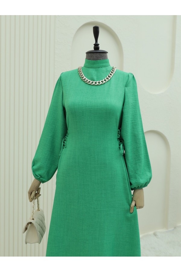 High Collar Side Lace Long Dress -Green