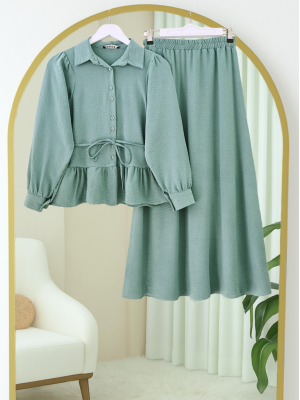 Parçalı Büzgülü Bluz Etekli Takım -Mint