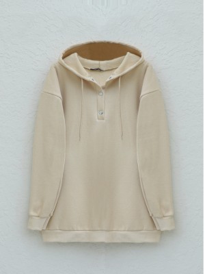 Snap Collar Hooded Raised Three Thread Sweater -Light Mink