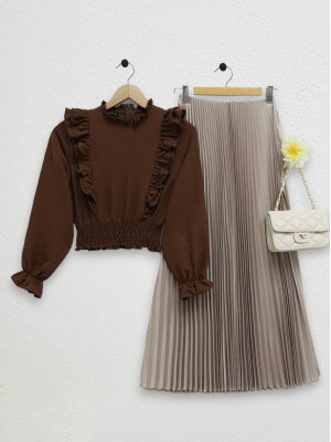 Robadan Fırfırlı Beli Büzgülü Ayrobin Bluz -Kahve