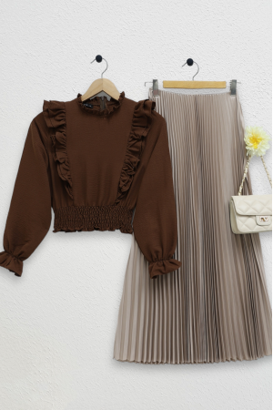 Robadan Fırfırlı Beli Büzgülü Ayrobin Bluz -Kahve