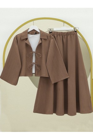 Önü Bağlamalı Etekli Krinkıl Takım  -Kahve