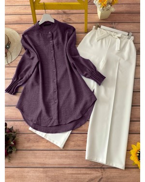 Kol Manşeti Drapeli Oval Kesim Gömlek    -Mürdüm