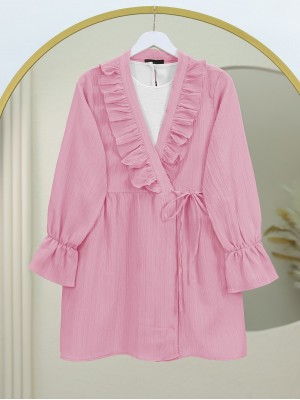 Crinkle Kimono with Ruffle Front Tie   -Pink