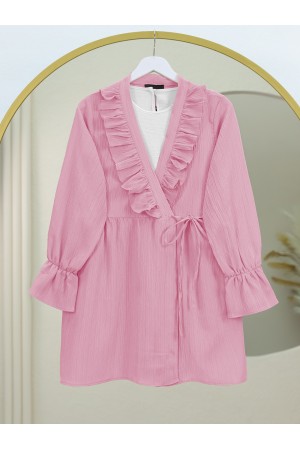 Crinkle Kimono with Ruffle Front Tie   -Pink