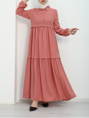 Parçalı Yarım Düğmeli Kolu Lastikli Elbise -Yavruağzı