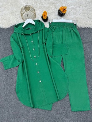 Metal Düğmeli Kapşonlu Pantolonlu İkili Takım  -Yeşil