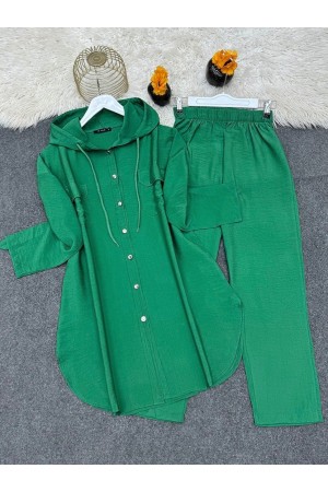 Metal Düğmeli Kapşonlu Pantolonlu İkili Takım  -Yeşil