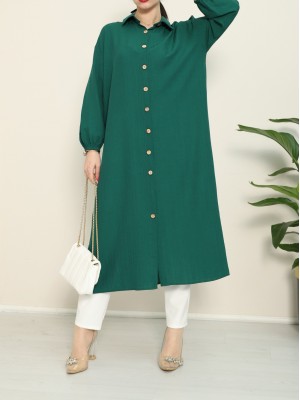 Kolu Lastikli Boydan Düğmeli Uzun Krinkıl Tunik -Zümrüt