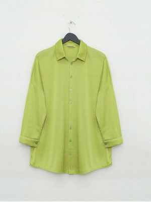 Boydan Düğmeli Jakarlı Oversize Gömlek -F.Yeşili