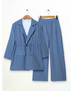 Kapaklı Tünel Köprülü Ceketli Keten Takım -İndigo