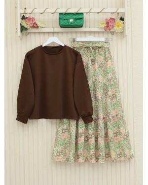 Floral Patterned Belted Two Piece Suit  -Brown