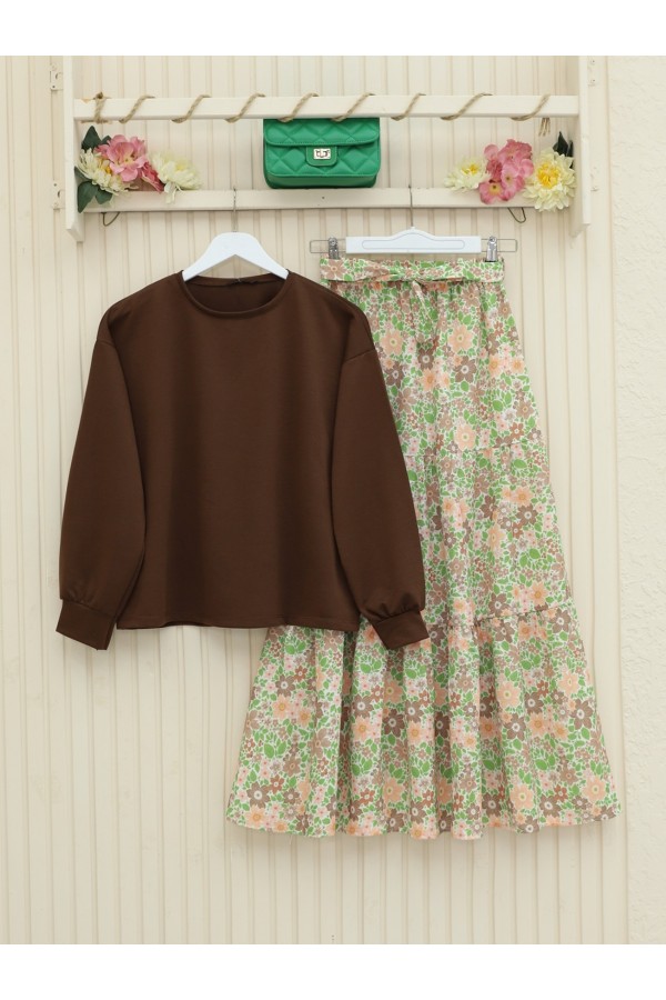 Çiçek Desenli Kemerli İkili Takım  -Kahve