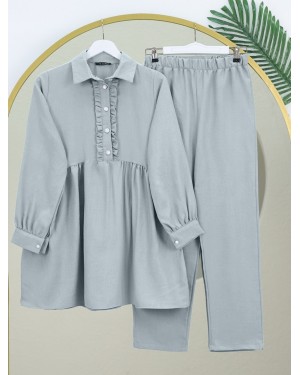 Half Buttoned Linen Suit with Ruffle Front -Grey