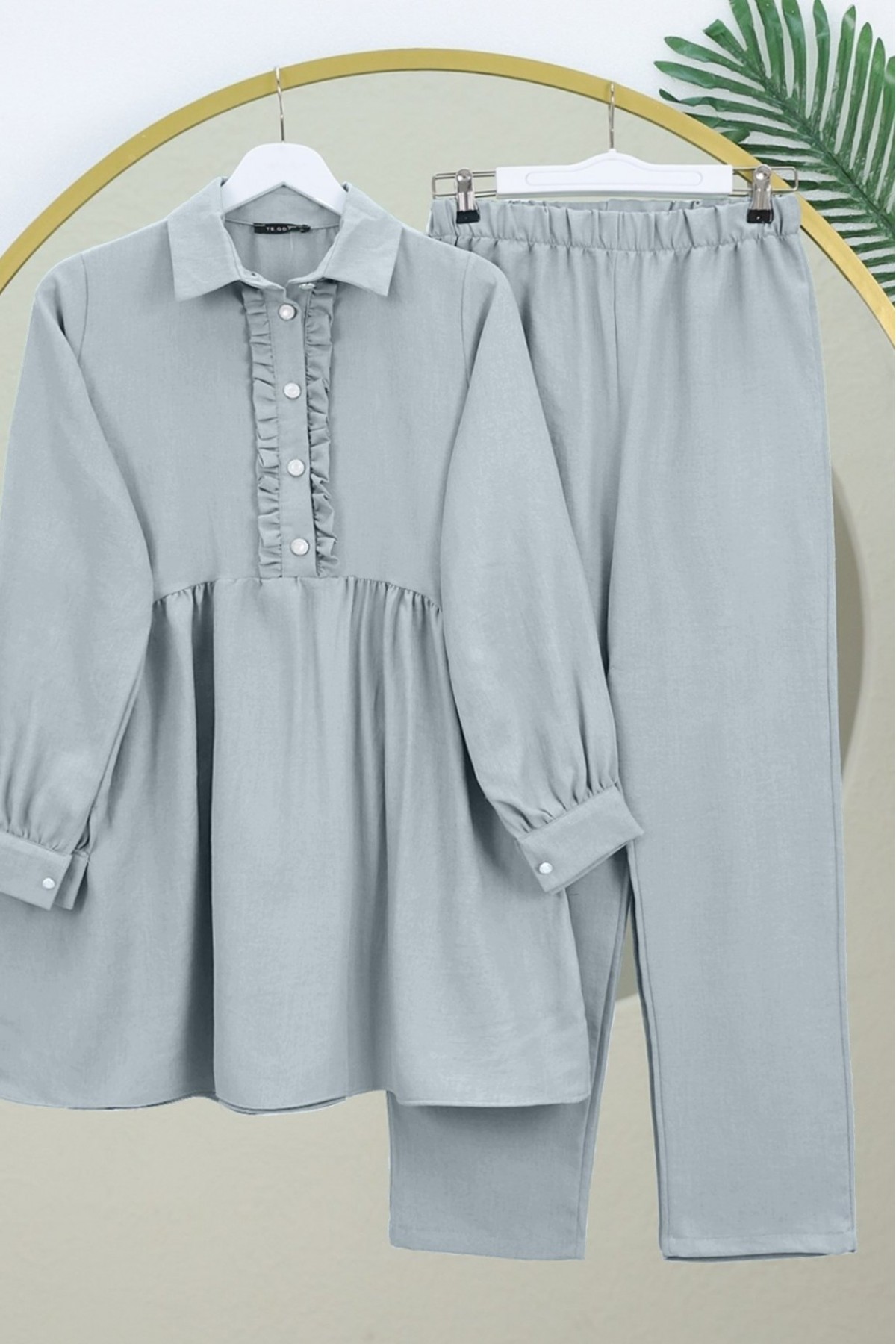 Half Buttoned Linen Suit with Ruffle Front -Grey