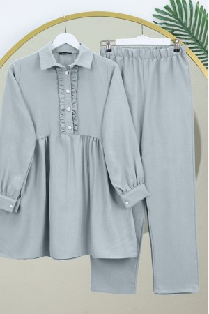 Önü Fırfırlı Yarım Düğmeli Keten Takım -Gri