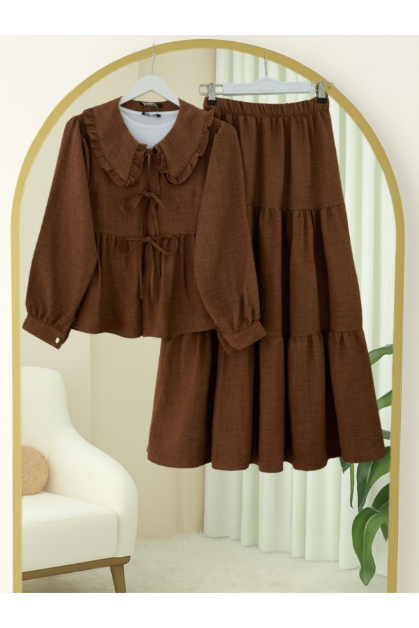 Lace-up suit with layered skirt detail -Brown