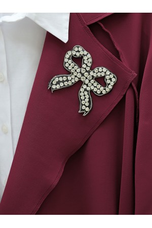 Yakası Taş Armalı Kemerli Scuba Kimono -Bordo