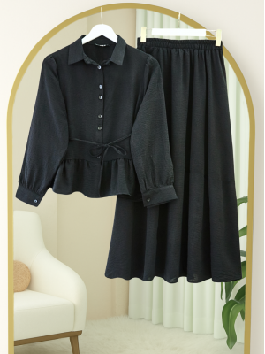 Parçalı Büzgülü Bluz Etekli Takım -Siyah