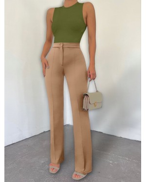 Buttoned Lycra Trousers -Mink color