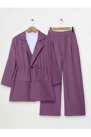Kapaklı Tünel Köprülü Ceketli Keten Takım -Mürdüm