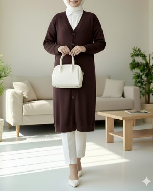 Corduroy Fabric Buttoned Long Cardigan   -Damson