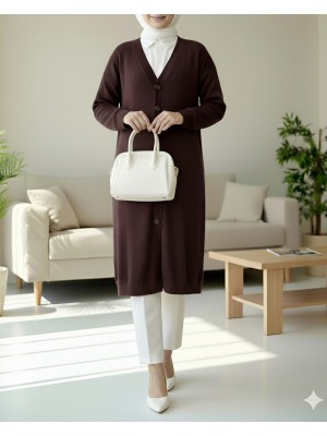 Corduroy Fabric Buttoned Long Cardigan   -Damson