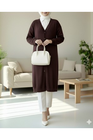 Fitilli Burgu Kumaş Düğmeli Uzun Hırka   -Mürdüm