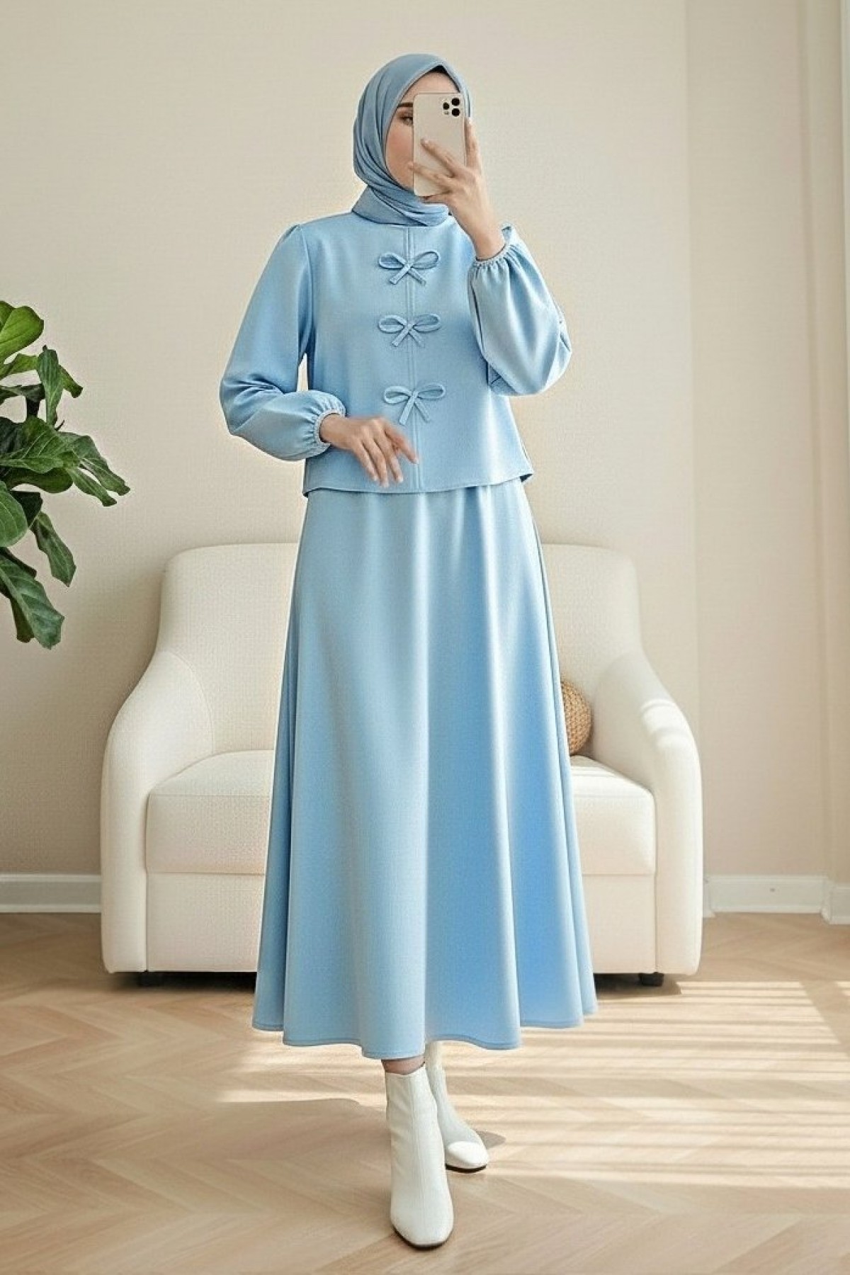 Scuba Suit with Bow Detail and Skirt      -Baby Blue