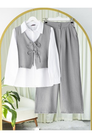 Önü Bağcıklı Pantolon Yelek İkili Keten Takım -Gri