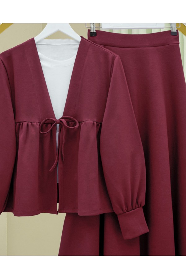 Beli Bağlamalı Etekli Oysho Takım -Bordo