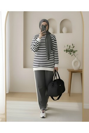 Yan Çizgili Bisiklet Yaka Sweat -Siyah