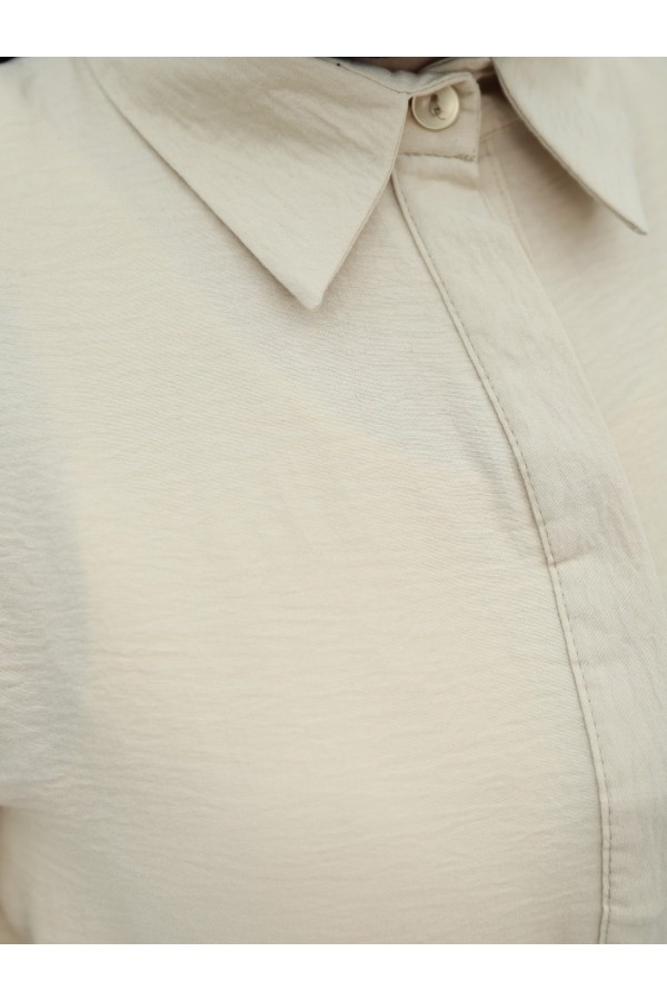 Half Buttoned Dress with Elastic Sleeves and Tie Waist - Beige