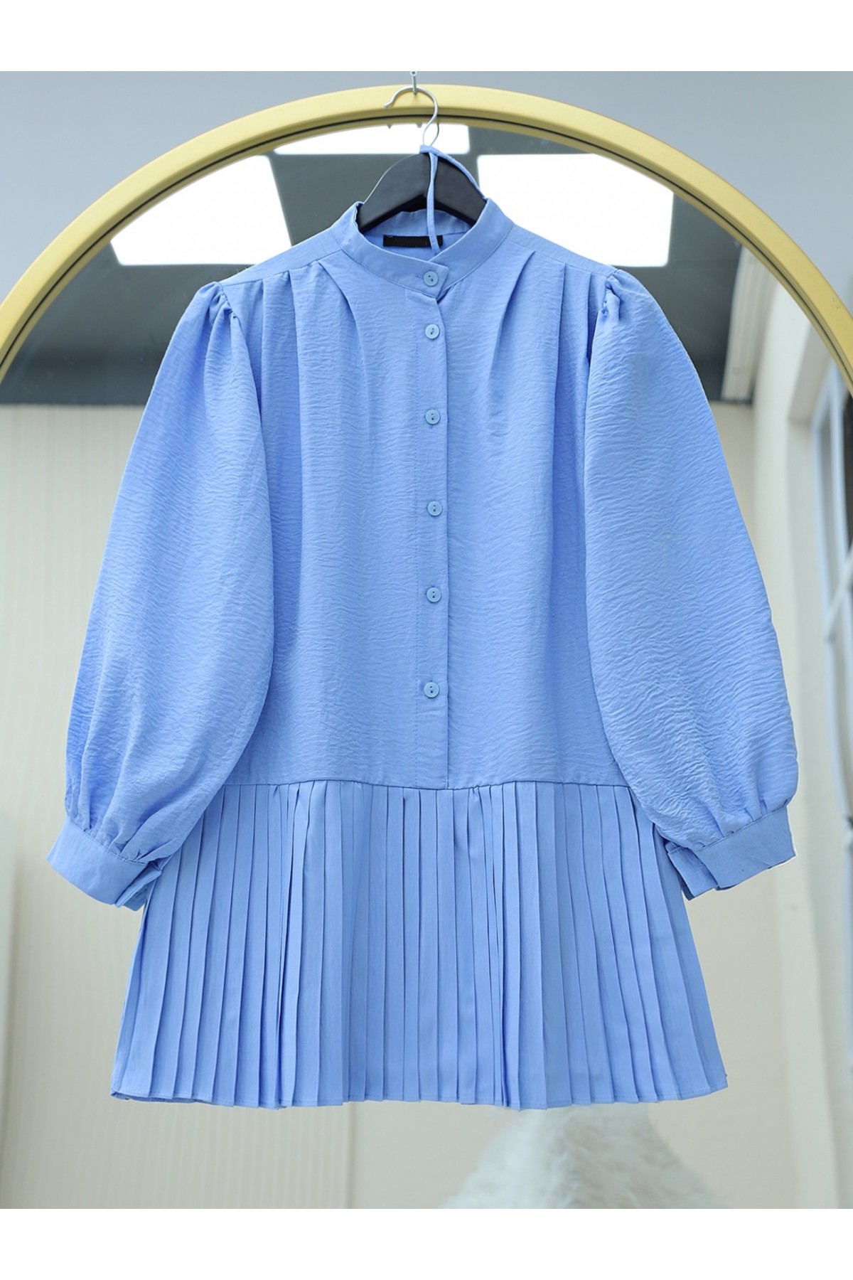 Tie Waist Half Button Pleated Tunic -Blue