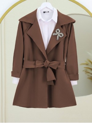 Scuba Kimono with Stone Crest and Belt -Brown