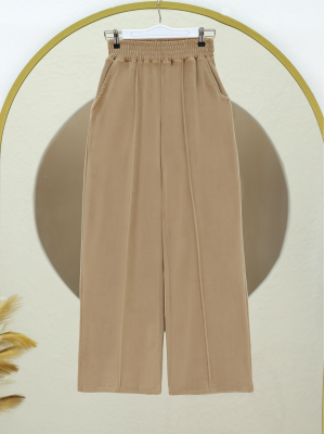 Çımalı Beli Lastikli Kadife Pantolon -Vizon