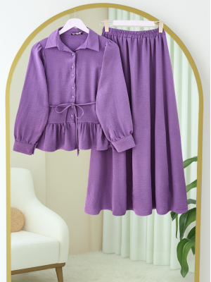 Parçalı Büzgülü Bluz Etekli Takım -Mor