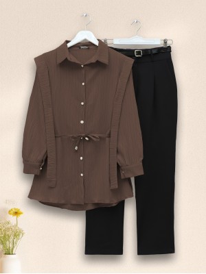 İnci Düğmeli Omuzu Ve Beli Bağlamalı Krinkıl Gömlek -Kahve