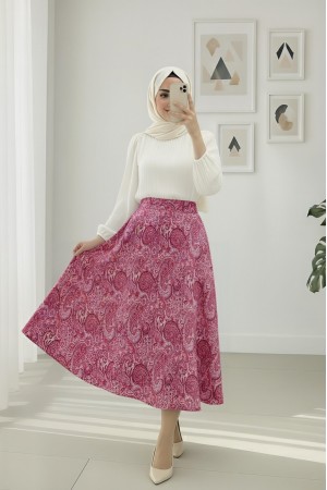 Beli Lastikli Etnik Desen Kloş etek -Vişne