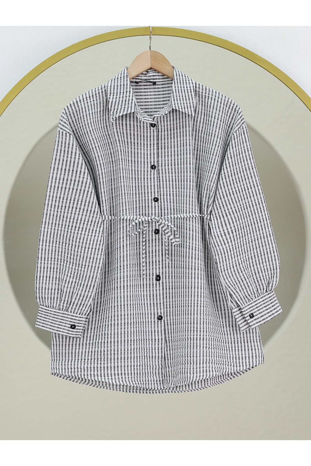 Buttoned Lace-Up Striped Crepe Shirt -Grey