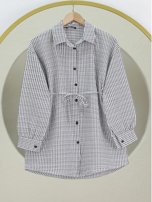 Boydan Düğmeli Bağcıklı Çizgili Bürümcük Gömlek -Gri