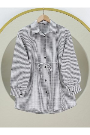 Boydan Düğmeli Bağcıklı Çizgili Bürümcük Gömlek -Gri